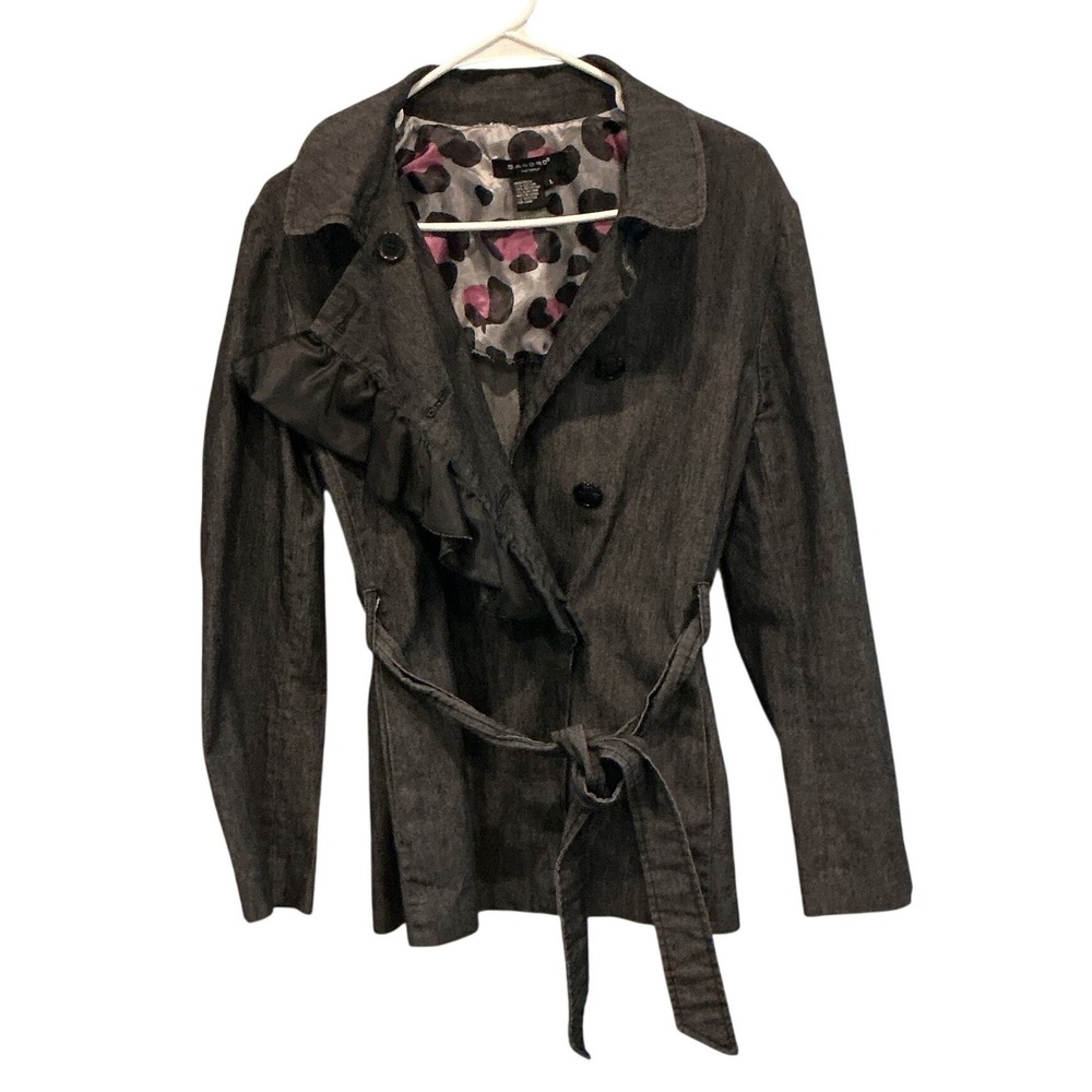 Sandro‎ Womens Denim Ruffle Belted Jacket Blazer Designer Romantic Office Size L